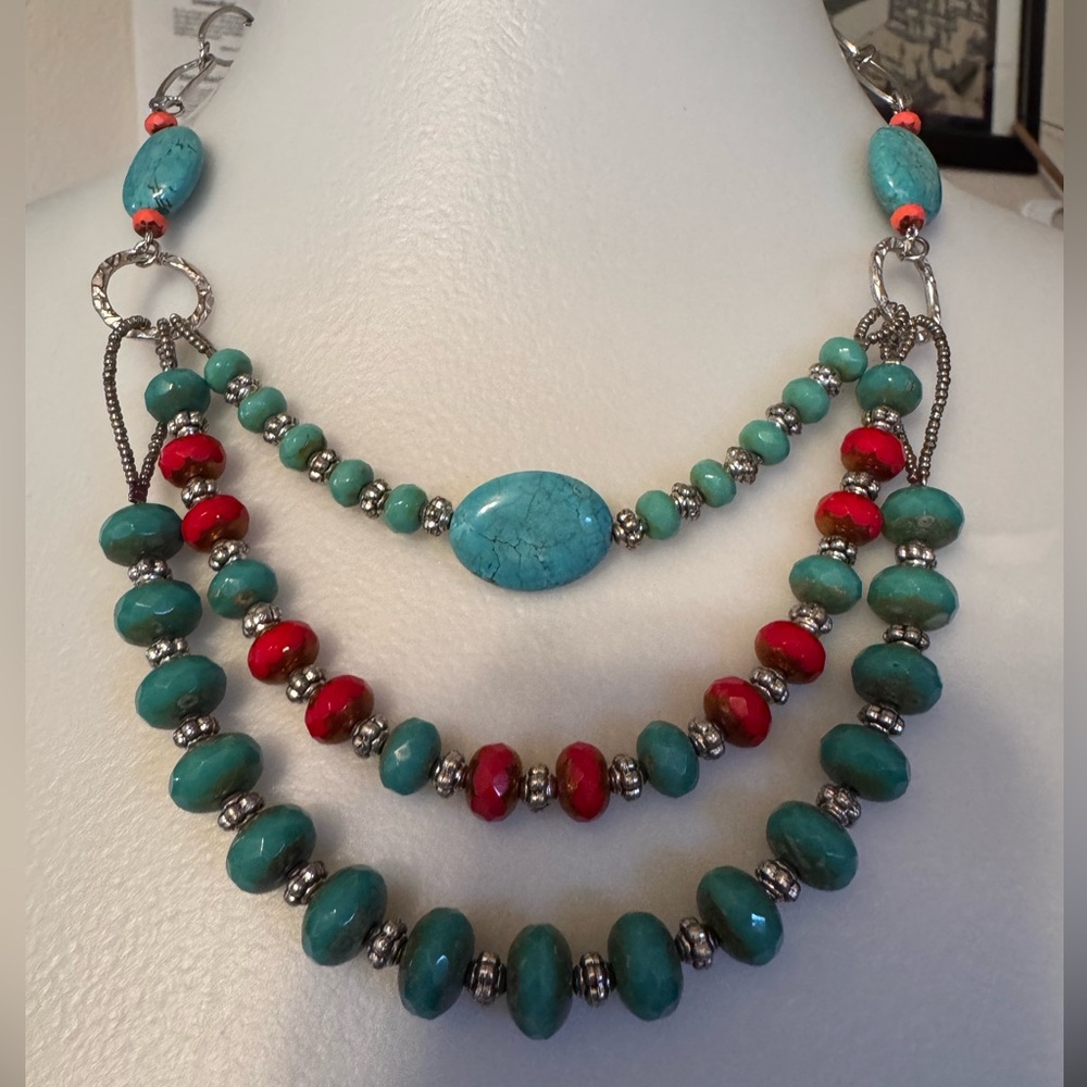 2 Piece Set Torquise Necklace W/ Faux Torquise Silver Played Cuff Bracelet